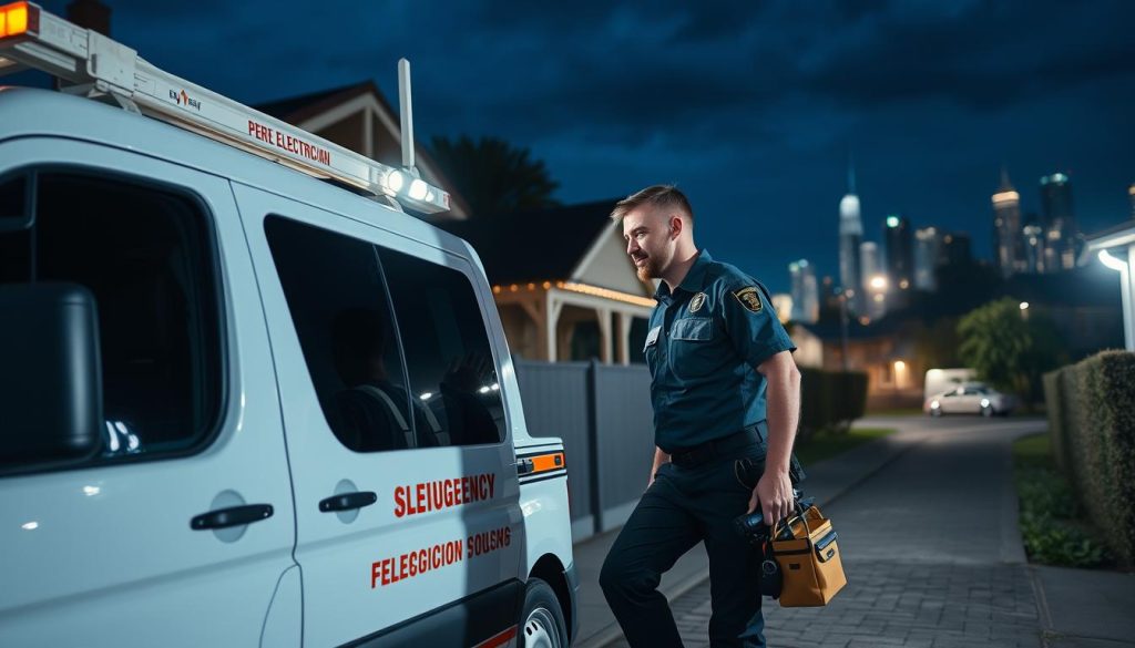 Melbourne emergency electrician responding to a nighttime power outage with service van and equipment